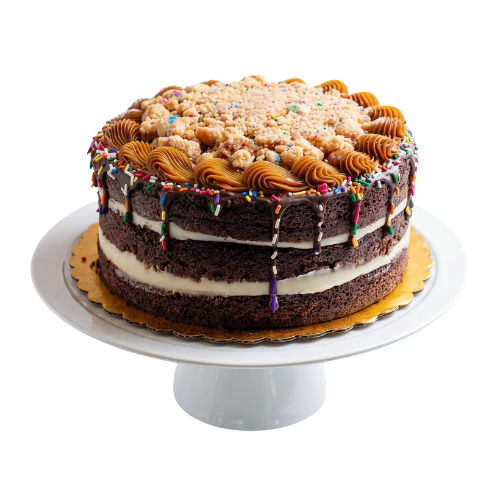 Cake de chocolate con cream cheese, manjar y funfetti crumble 9"