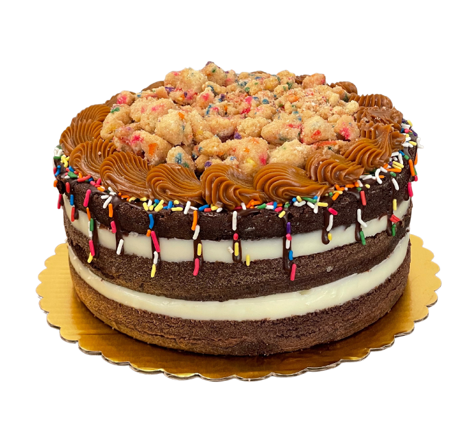 Cake de chocolate con cream cheese, manjar y funfetti crumble 9"