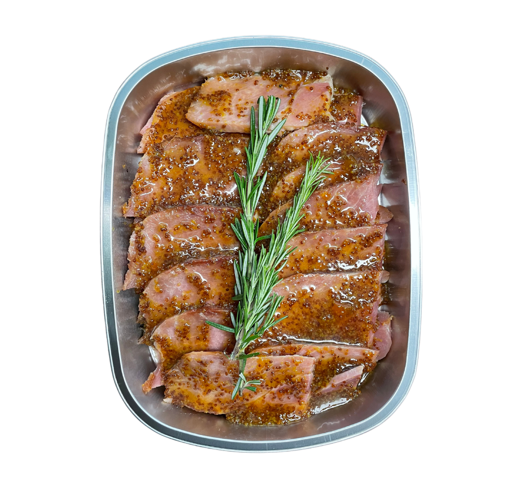 Jamón de pierna rebanado con maple y country dijon con su salsa