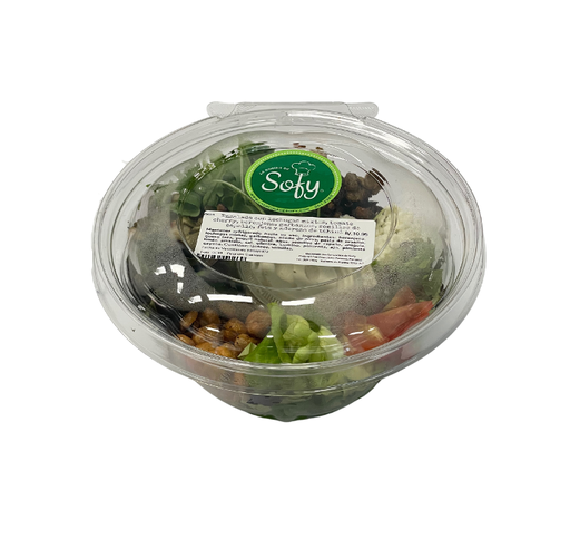 [025699] Ensalada con lechugas mixtas, tomate cherry, berenjena, garbanzos, semillas de zapallo, feta y aderezo de tahini